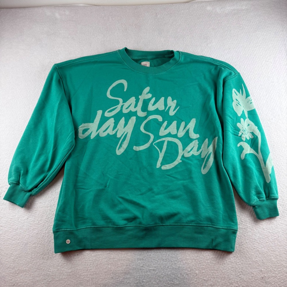 Lyre Bird Green Saturday Sunday Graphic Floral Sleeve Sweatshirt SM SM/MD